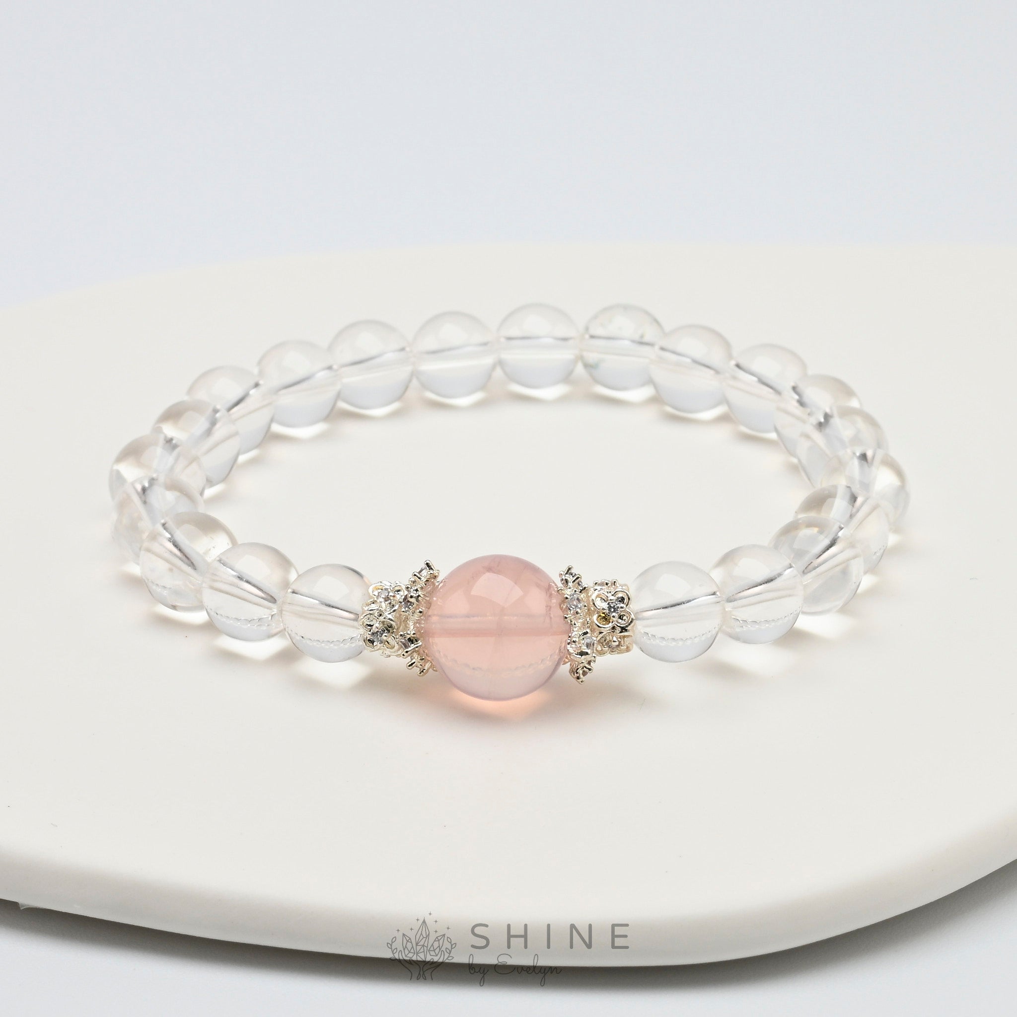 12mm Rose Quartz With Clear Quartz 8mm Bead Bracelet - Shine by Evelyn - 