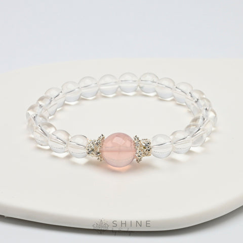 12mm Rose Quartz With Clear Quartz 8mm Bead Bracelet - Shine by Evelyn - 