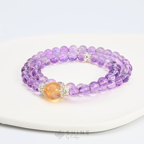 Amethyst 6.5mm Double Looped Bead Bracelet With 10.5mm Citrine Stone - Shine by Evelyn - 