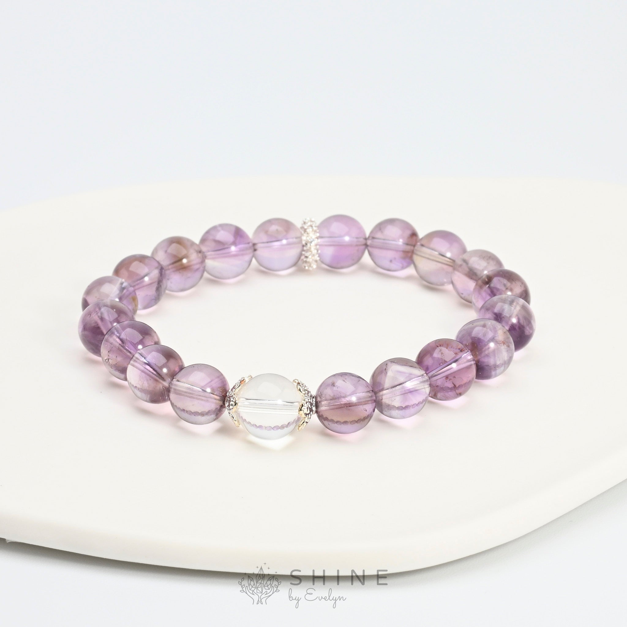 Amethyst With Clear Quartz 9mm Bead Bracelet - Shine by Evelyn - 