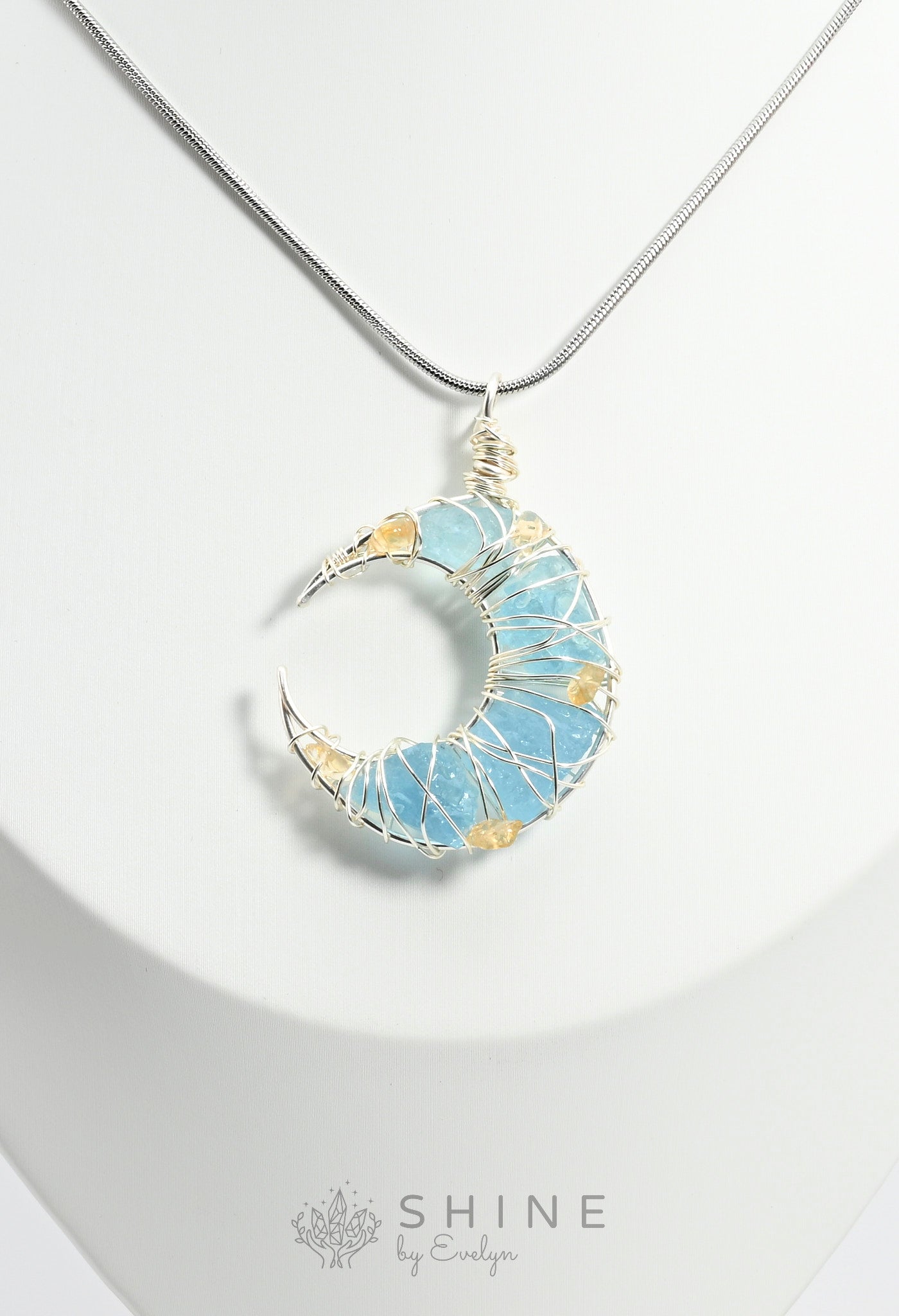 Aquamarine Moon Pendant with Citrine Pebbles - Shine by Evelyn - C0960