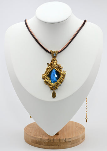 Copper Wraped Labradorite Handmade Pendant Necklace With Leather Cord - Shine by Evelyn - C1736