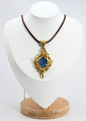 Copper Wraped Labradorite Handmade Pendant Necklace With Leather Cord - Shine by Evelyn - C1733