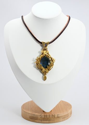 Copper Wraped Labradorite Handmade Pendant Necklace With Leather Cord - Shine by Evelyn - C1723