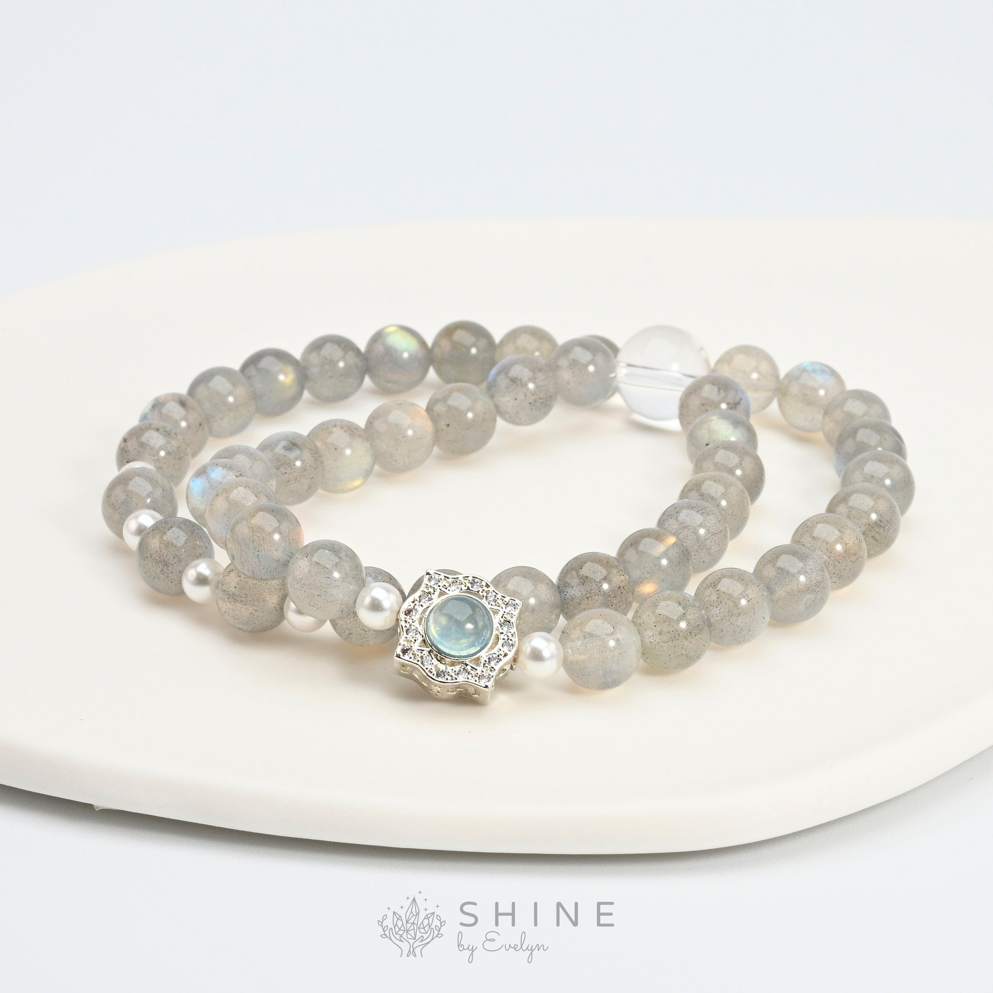 Labradorite Double Loop With Clear Quartz And Aquamarine Pendant 7mm Bead Bracelet - Shine by Evelyn - 