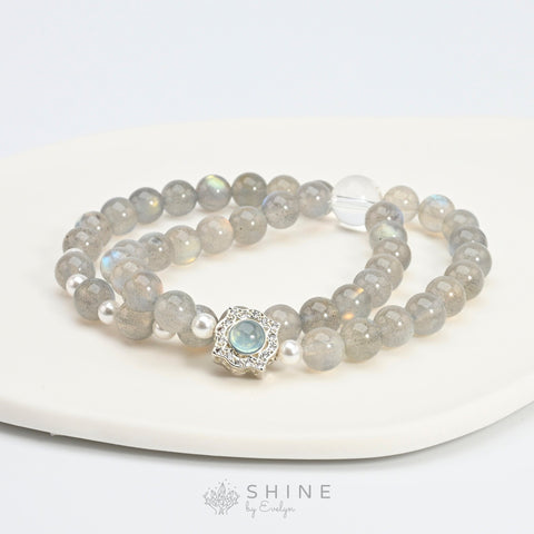 Labradorite Double Loop With Clear Quartz And Aquamarine Pendant 7mm Bead Bracelet - Shine by Evelyn - 