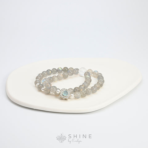 Labradorite Double Loop With Clear Quartz And Aquamarine Pendant 7mm Bead Bracelet - Shine by Evelyn - 