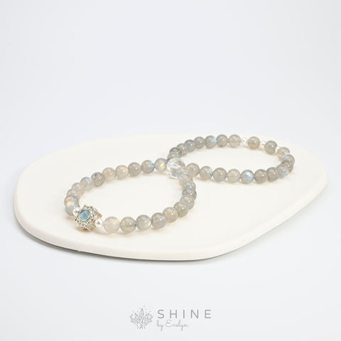 Labradorite Double Loop With Clear Quartz And Aquamarine Pendant 7mm Bead Bracelet - Shine by Evelyn - 