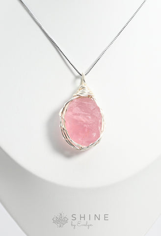 Raw Rose Quartz Crystal Pendant Necklace - Shine by Evelyn - C1018