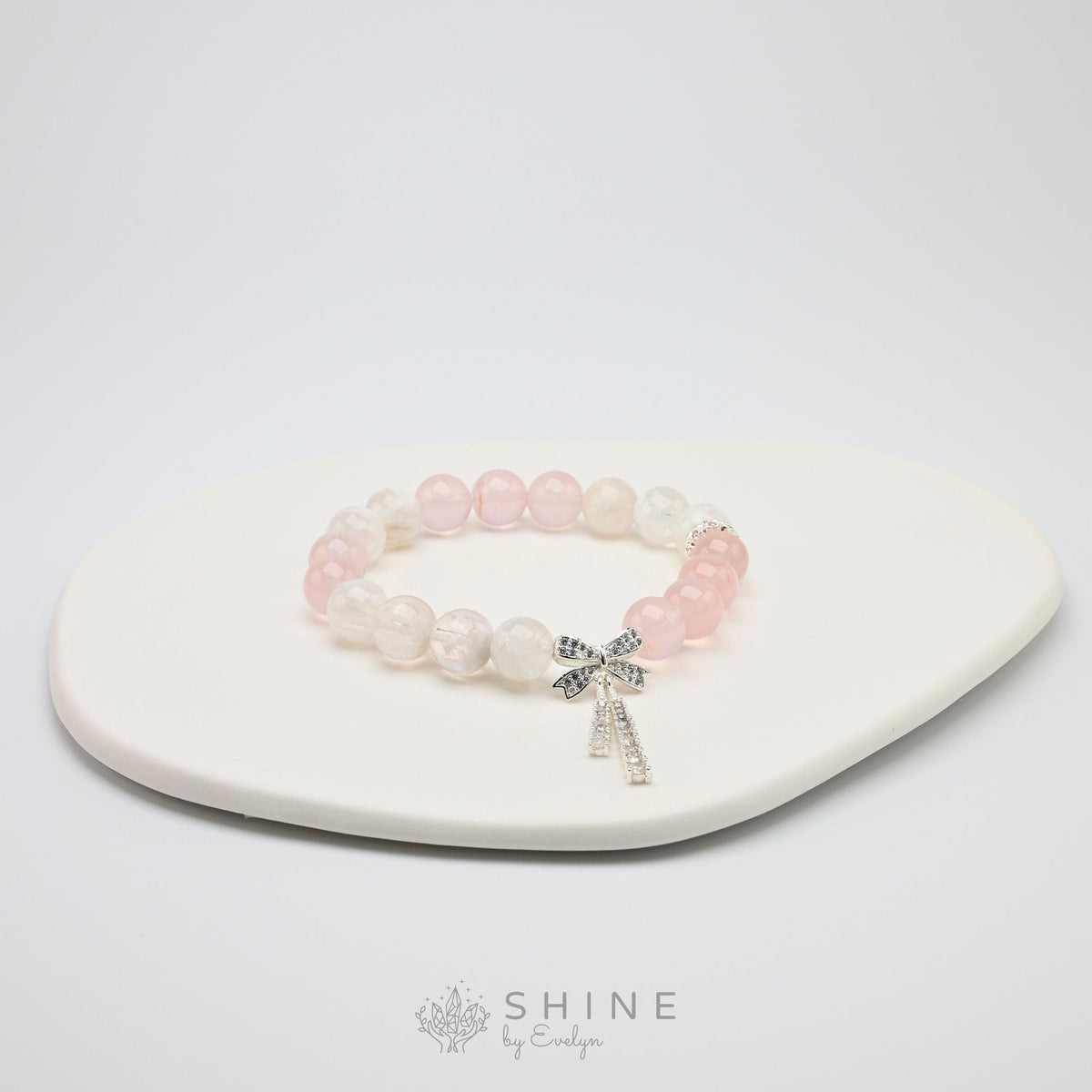 Rose Quartz With Snowflake Phantom Crystal 9mm Bead Bracelet - Shine by Evelyn - 