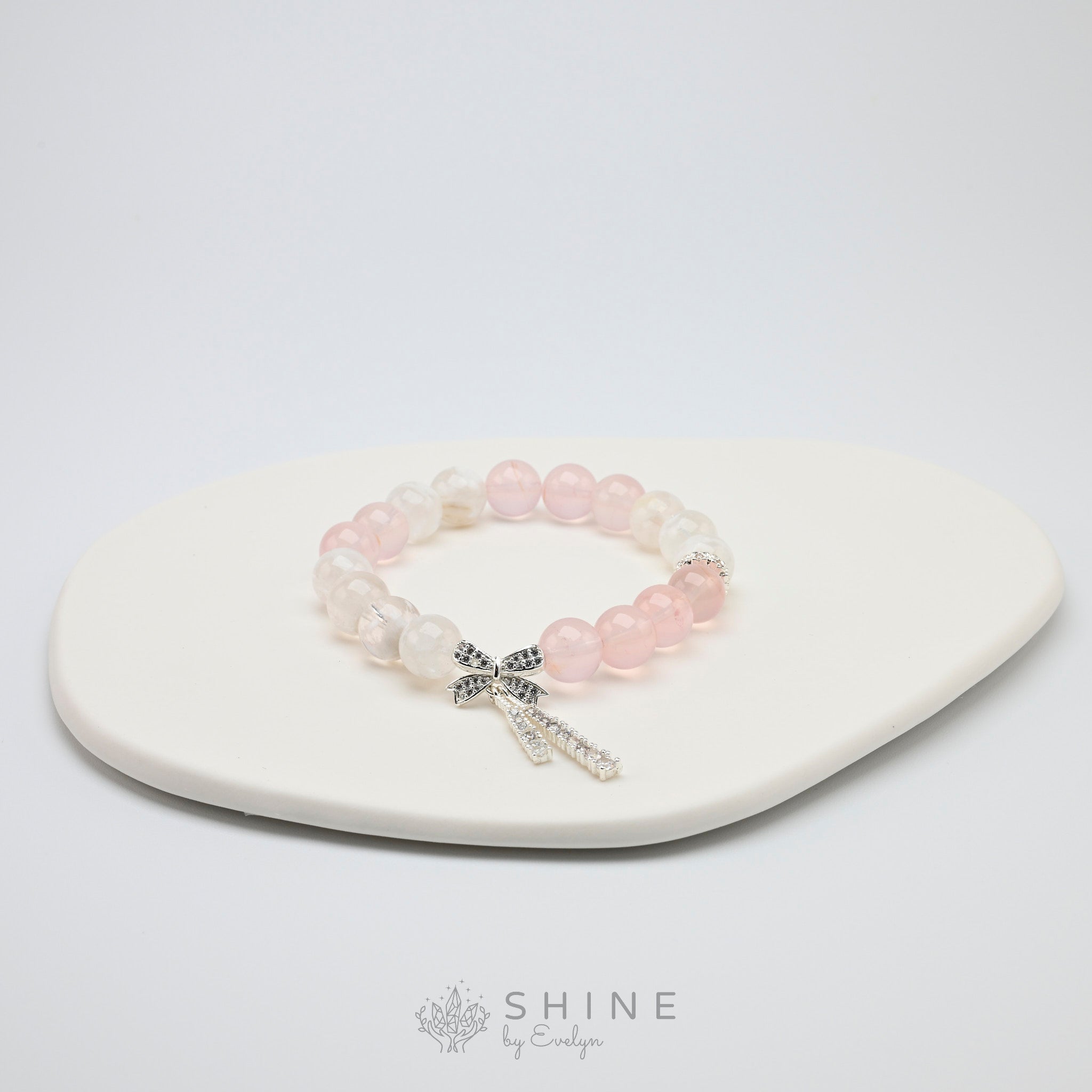 Rose Quartz With Snowflake Phantom Crystal 9mm Bead Bracelet - Shine by Evelyn - 