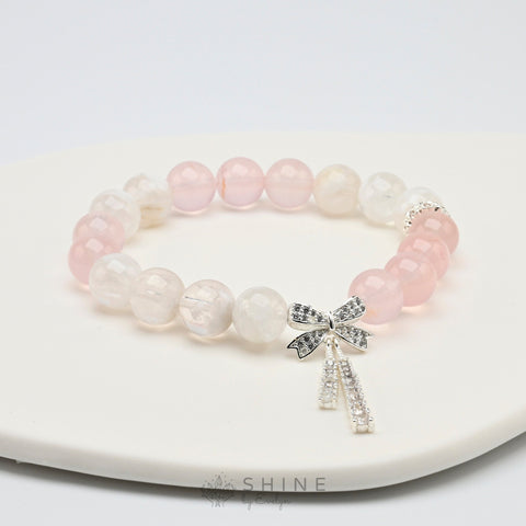 Rose Quartz With Snowflake Phantom Crystal 9mm Bead Bracelet - Shine by Evelyn - 