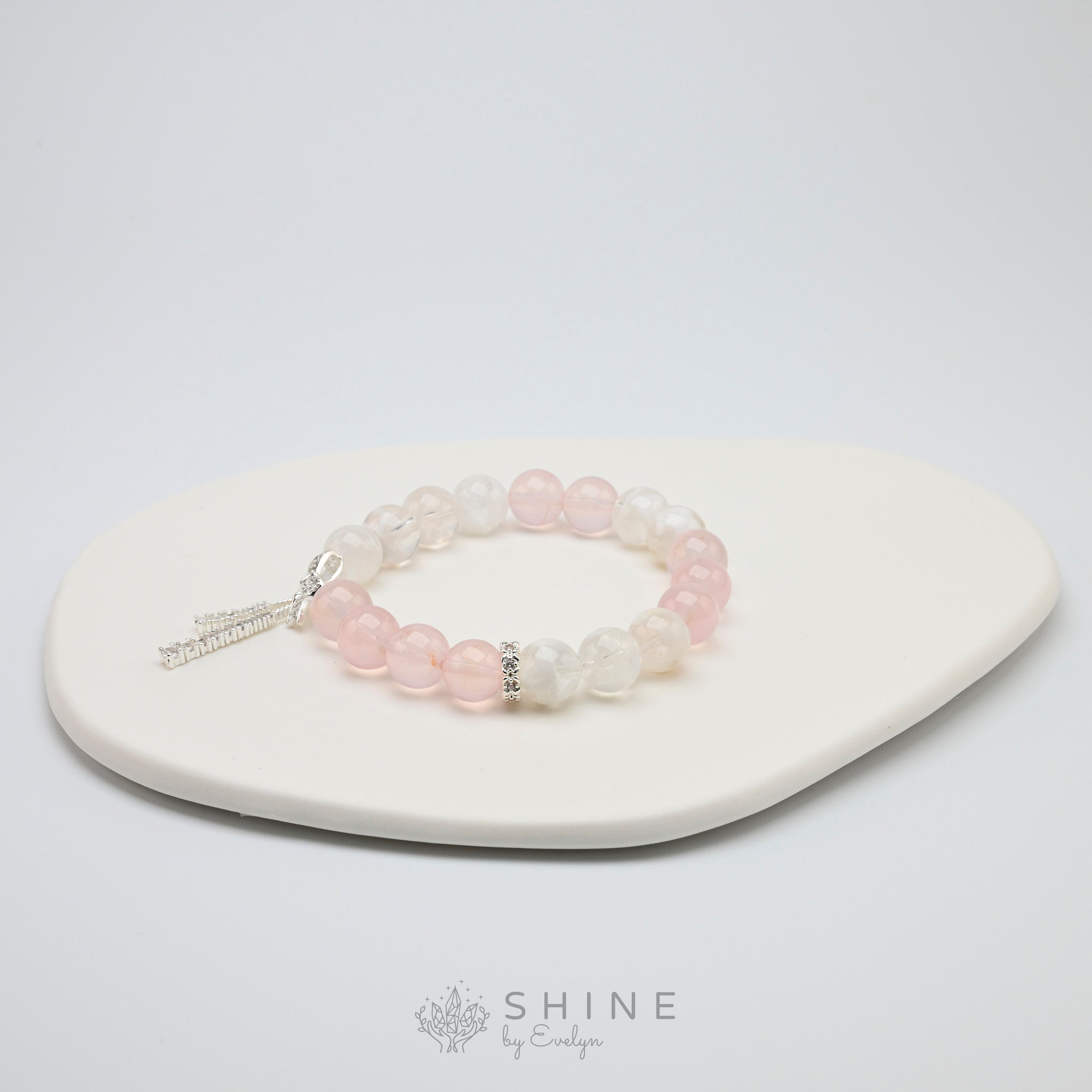 Rose Quartz With Snowflake Phantom Crystal 9mm Bead Bracelet - Shine by Evelyn - 