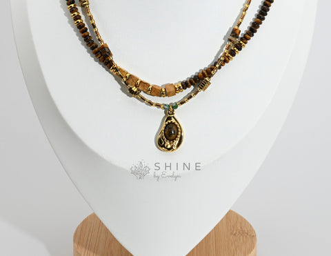 Special Shape Tiger's Eye Beaded Pendant Necklace Set - Shine by Evelyn - C0630N