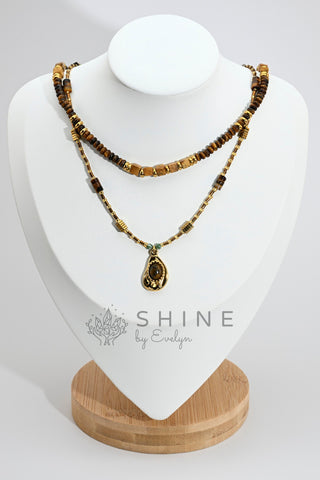 Special Shape Tiger's Eye Beaded Pendant Necklace Set - Shine by Evelyn - C0630S