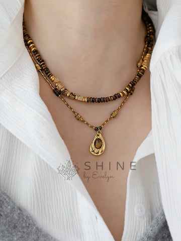 Special Shape Tiger's Eye Beaded Pendant Necklace Set - Shine by Evelyn - C0630S