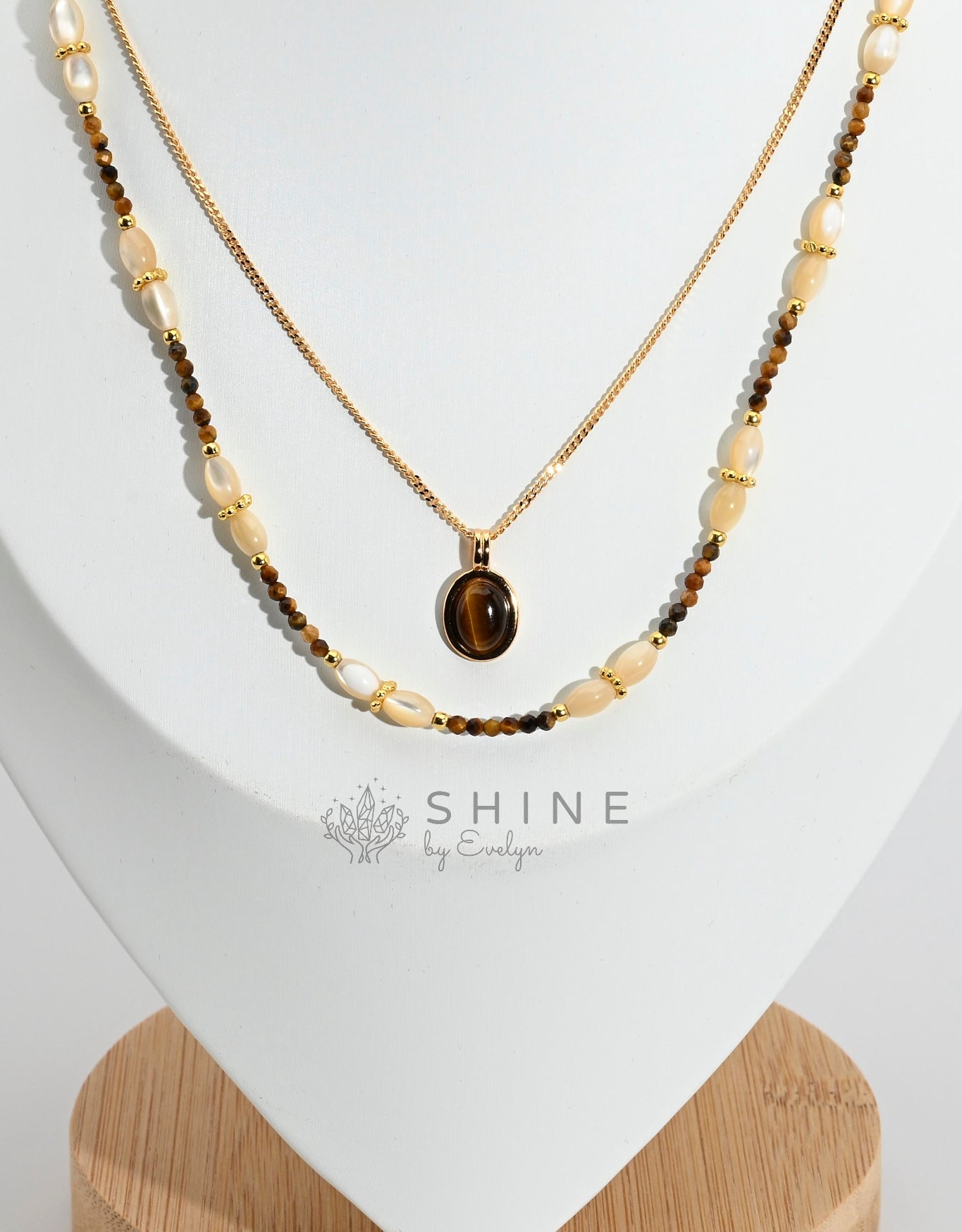 Tiger's Eye Pendant Pearl Necklace Set - Shine by Evelyn - C0646N