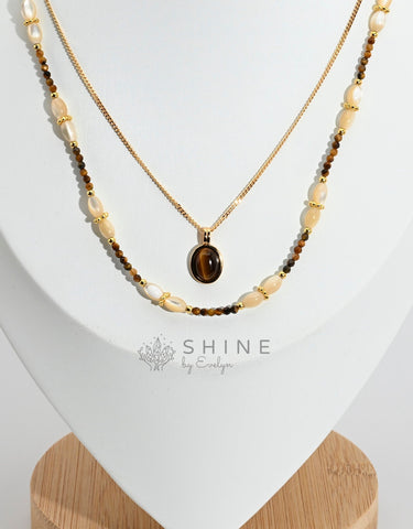 Tiger's Eye Pendant Pearl Necklace Set - Shine by Evelyn - C0646N