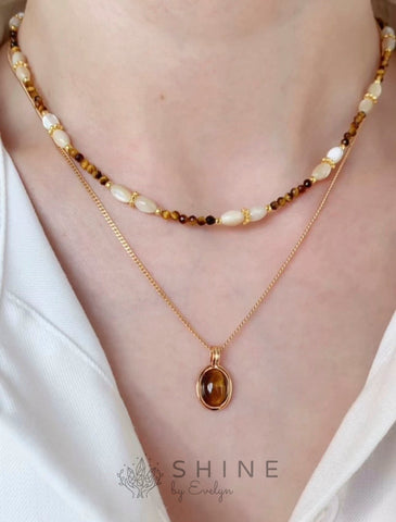 Tiger's Eye Pendant Pearl Necklace Set - Shine by Evelyn - C0646S